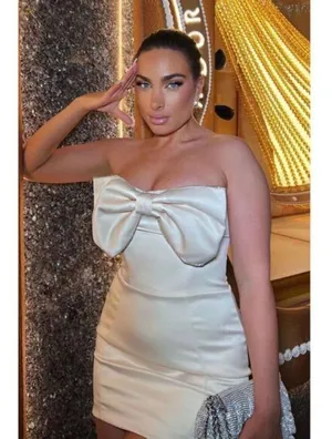 HOUSE OF CB Ariella Satin Crystal Embellished Bow Dress in Ivory Size Small thumbnail 2