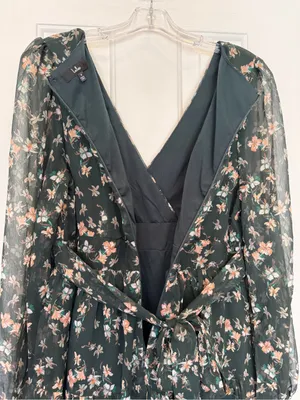 Lulu's Dark Cottagecore Green Floral Print Long Sheer Sleeves Mini Dress Medium thumbnail 8