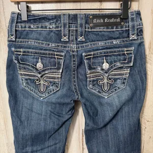 Rock Revival Tori Bootcut Dark Wash Distressed Button Pockets Jeans Womens‎ 26 thumbnail 2