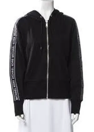 M black Michael Kors zip-up hoodie hood signature logo tape stripe MK Sweatshirt thumbnail 1