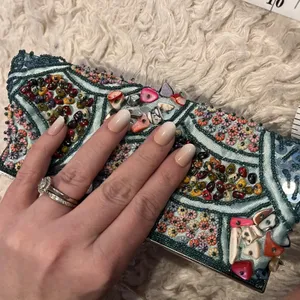 Hand Beaded Shell Clutch Purse Teal Blue Kiss Lock Evening Bag w/ Chain thumbnail 15