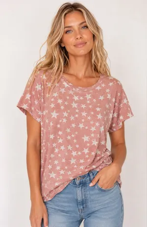 Amazon Pink Star Print Short Sleeve Tee L Comfy Casual Lounge Soft Girl Relaxed Basic L thumbnail 1
