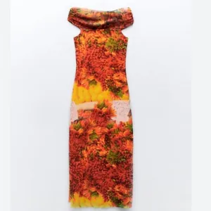 NWOT Zara Picante‎ All Over Print Over The Shoulder Tulle Maxi Dress Sz Medium thumbnail 3