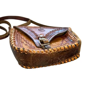 Vintage brown Tooled Leather Crossbody Bag boho retro western purse handcrafted thumbnail 2