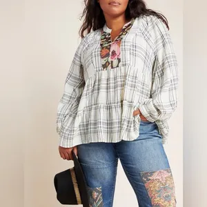 by Anthropologie Black/White Darlene Plaid Peasant Blouse thumbnail 2