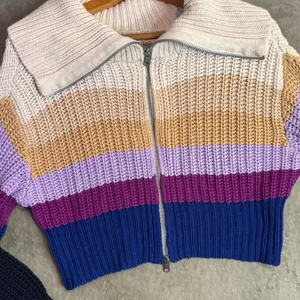 Women's Chunky Knit Colorblock Ribbed Knit Full Zip Sweater Size S Cropped Retro thumbnail 8