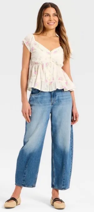 Women's XS Puff Short Sleeve Pintuck V-Neck Blouse - Universal Thread Cream thumbnail 1