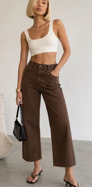 Oak‎ + Fort Chocolate Brown Wide Leg High Rise Crop Pants thumbnail 1