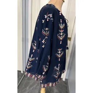 Madewell Women's Navy Embroidered Peasant Top‎ Size Medium Aztec Southwest Boho thumbnail 5