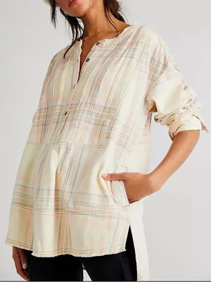 Free People We The Free Dunes Pintuck‎ Flannel Tunic Pastel Plaid XS thumbnail 1