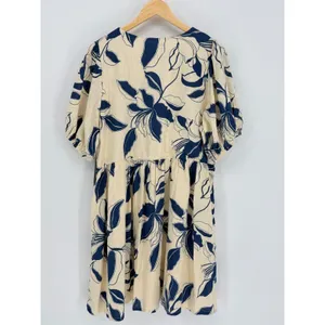 MSK Floral Linen Babydoll Midi Dress‎ Puff Sleeve Cottagecore Blue Medium NWT thumbnail 4