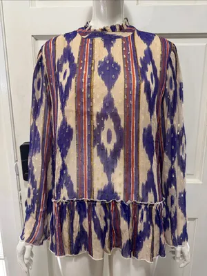 Oliphant Silk & Cotton Purple Ikat Ruffle Hem Long-Sleeve Top Size Large💜 thumbnail 2