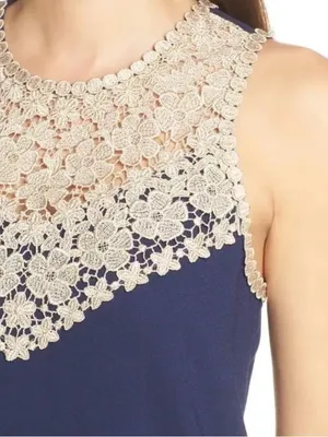 Lilly Pulitzer Navy Nala Shift Dress 4 Gold Crochet Lace Neckpiece Preppy Summer thumbnail 3