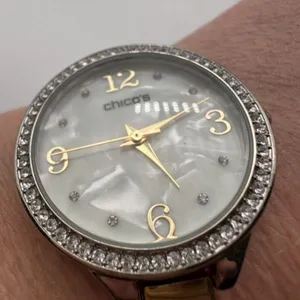 Chico’s Large Face Mother of Pearl Pave Rhinestone Goldtone Delicate‎ Band Watch thumbnail 10