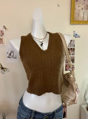 Brandy Melville Brown Cable Knit Sweater Vest Womens One Size V Neck Cropped Tan thumbnail 1