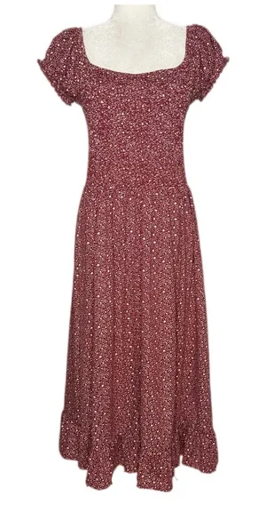 Urban Outfitters Large Rust Red Floral Smocked Dress Puff Sleeves Midi Maxi thumbnail 1