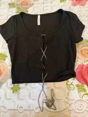 Chocolate Black Ribbed Crop Top with Front Lace-Up Detail thumbnail 1