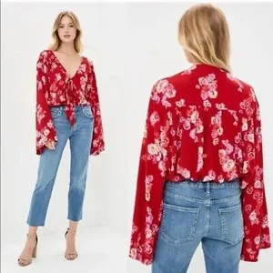 Free People red Forties feels bell sleeve floral Vneck bodysuit thumbnail 5