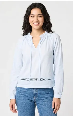 J Crew Shirt Womens Small Long Sleeve Tie Neck Top Gentle Sea Blue Cotton CT018 thumbnail 1