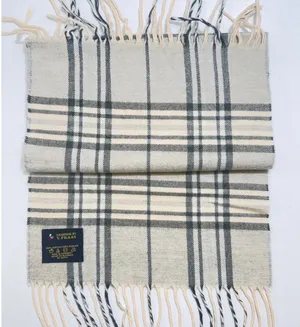 V Fraas Cashmink‎ Plaid Scarf Beige Black White Fringe Made in Germany thumbnail 1