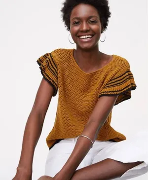 LOFT Open Knit Flutter Sleeve Top‎ in Mustard Yellow & Navy, Medium thumbnail 1