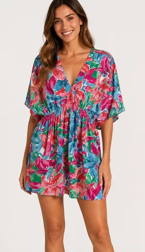 Entro Multicolor Floral‎ Mini Dress V-Neck Smocked Waist Size Medium NWT thumbnail 1