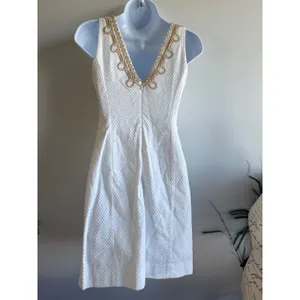 Lilly Pulitzer White Seersucker‎ Gold Soutache V-Neck Shift Dress Size 00 thumbnail 5
