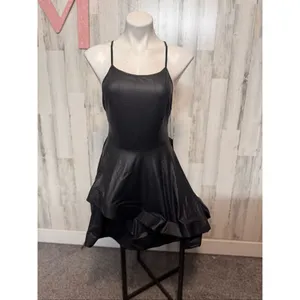 Eta Faux Leather Mini Dress Womens Medium Black Strappy Back Bubble Hem NWT thumbnail 2