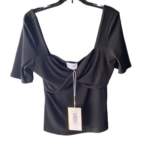 Runaway New 90s inspired black ribbed twist front Crop Top Minimalist basic thumbnail 5
