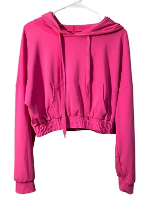 Womens Size XL Cropped Hoodie Bright Pink Banded Hem Long Sleeve Kangaroo Pocket thumbnail 1