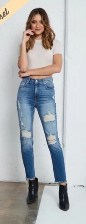 Revice Denim super high rise distressed‎ fray hem jeans thumbnail 1