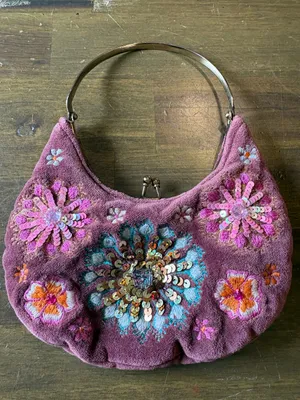 Y2K Beaded Mini Purse Floral Embroidery Velvet Arch Kiss Lock Boho Whimsigoth thumbnail 1