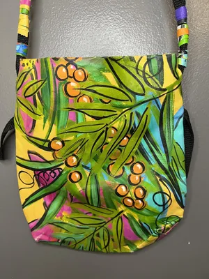 Linda Rovolis Crossbody Bag Womens Small Multicolor Canvas Tropical Hand Painted thumbnail 2