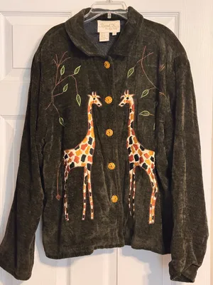 Vintage Daniel K. Deep Green Velvet Embroidered Giraffe Wooden Button Blazer XL thumbnail 1