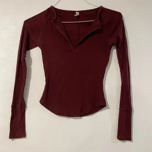 Intimately Free People Burgundy Ribbed Long Sleeve Henley Top XS thumbnail 2