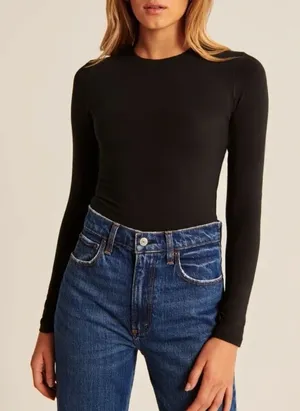 Abercrombie & Fitch | Soft A&F Ribbed Long Sleeve Thong Bodysuit in Black thumbnail 1