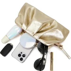 Gold Pleated Evening Clutch Bag Shiny Leather Formal Wedding Crossbody Purse thumbnail 7