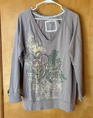 Disney Parks Sweatshirt Women Medium Purple Mickey Mouse Live Laugh Relax V-Neck thumbnail 1