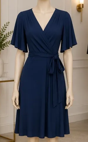 Adrianna Papell Womens Dress Navy Blue Faux Wrap Flutter Sleeve Size 0 thumbnail 1