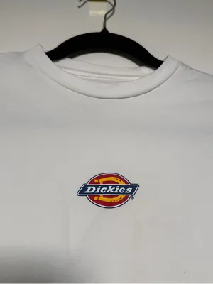 Dickies White Cropped Crewneck Tee with Black Logo Print Womens Medium thumbnail 2