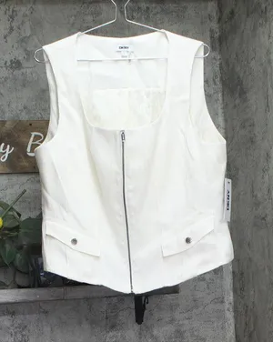 DKNY Womens Weathered Twill Zip-Up Vest P5ETTB77 Coconut Off White XL thumbnail 1