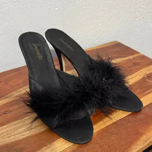 Vintage Y2K Frederick's of Hollywood Black Marabou Feather Satin Peep Toe Heel thumbnail 15