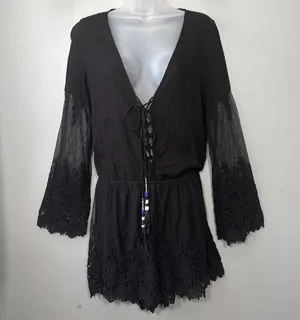 Young Fabulous & Broke Shorts Romper Size Small Black Lace Up Renaissance Gothic thumbnail 1