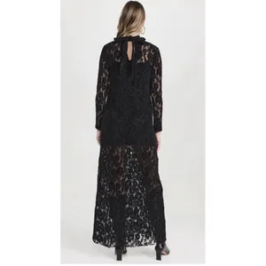 ALOHAS Tiban Black Lace Maxi Dress Mock Neck Bow Size Medium Velvet Long Sleeve thumbnail 2
