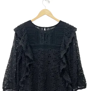 Anthropologie Clementine Eyelet Lace Blouse Black Ruffle Puff Sleeve Size 6 thumbnail 8
