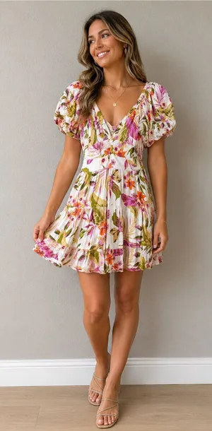 Angie Floral Puff-Sleeve V-Neck Mini Dress in Pink and Green thumbnail 1