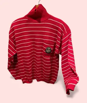Cute vintage 80’s Chaus striped red white turtleneck sweater wool blend crested thumbnail 2