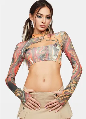 NGORDER Multi Swirl Cut Out Long Sleeve Crop Top thumbnail 1
