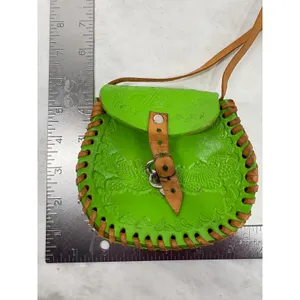 Vintage Mexican Tooled Leather Crossbody Bag Lime Green Whipstitch Boho Mini thumbnail 10