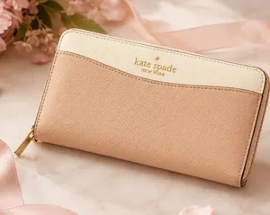 Kate Spade Saffiano Leather Zip Wallet Beige Cream 12 Card Slots NWT thumbnail 1
